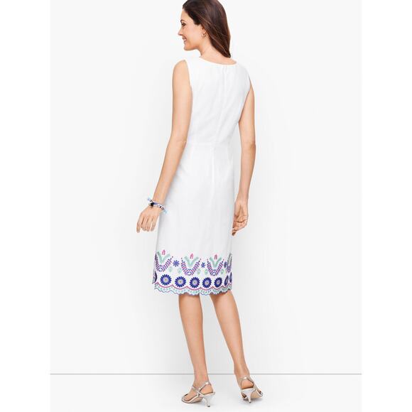 Talbots Womens 6P White Blue Embroidered Linen Sleeveless Lined Shift Mini Dress - Picture 2 of 8